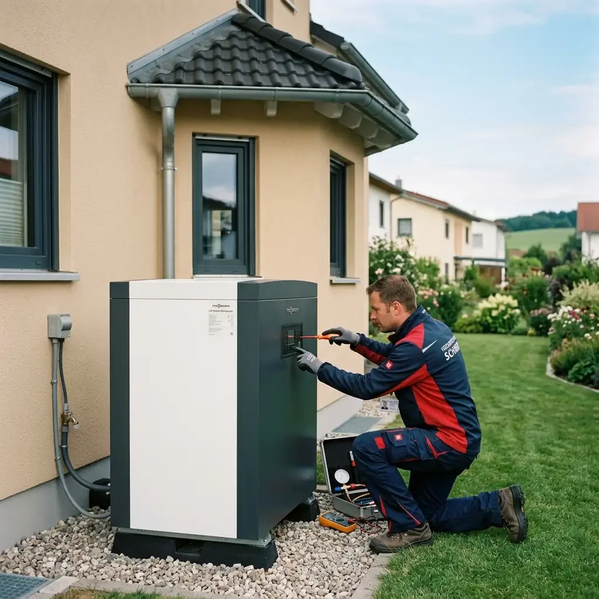 Moderne Wärmepumpe neben Einfamilienhaus